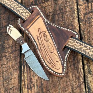 Prairie Damascus Skinner Knife with Hand tooled Sheath & Belt